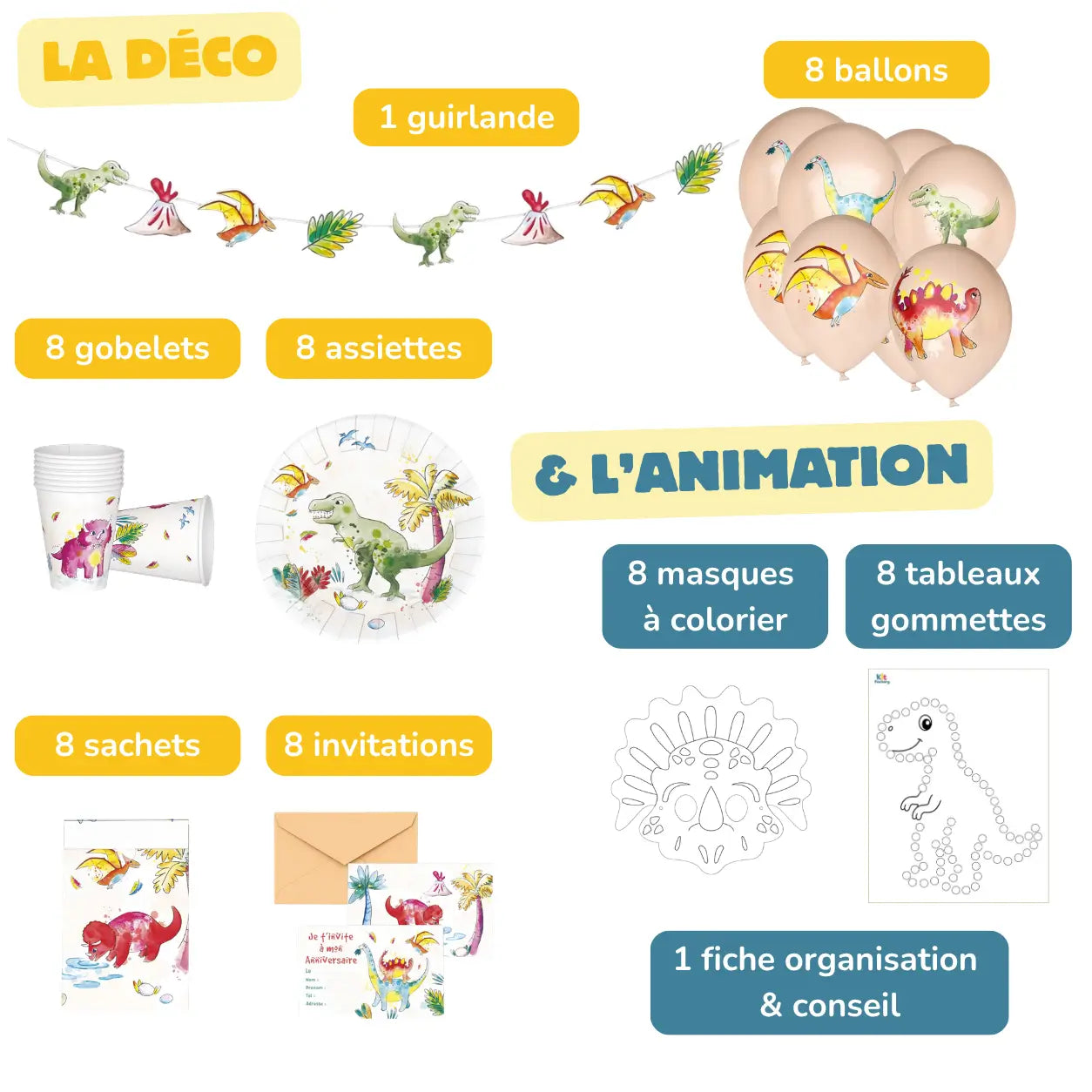Contenu kit anniversaire dinosaure 3-4 ans