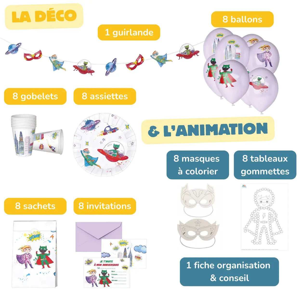 Contenu kit anniversaire super-héros 3-4 ans